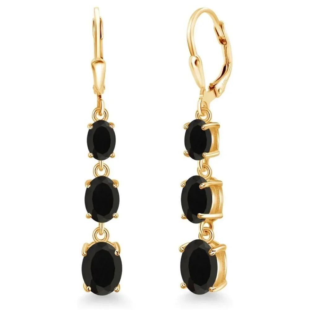 18K Yellow Gold with 5.40 Cttw 3 Stone Black Onyx Dangling Leverback Earrings